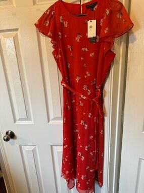 Banana Republic Red Floral Print Dress with Tie Waist